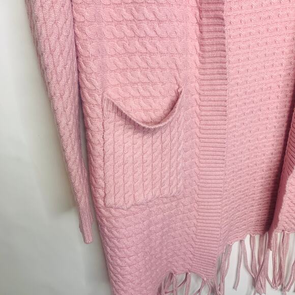 Pink Cable Knit Boho Long Cardigan Duster Sz ? Small Fringe - Picture 7 of 7